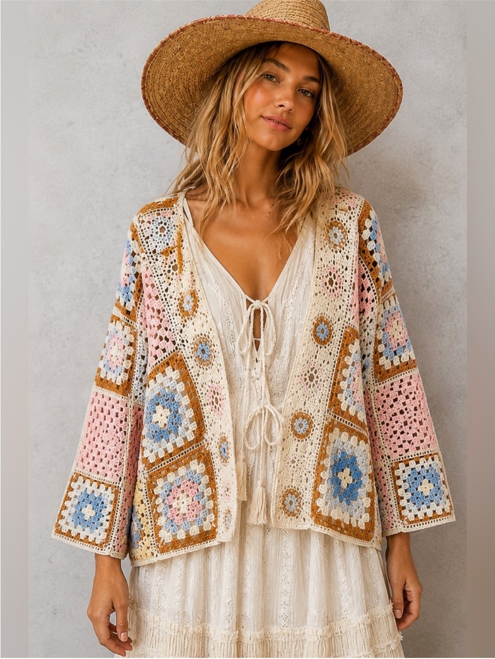 New: POL Granny Crochet Patchwork Squares Front Tie Wide Sleeve Cardigan Jacket